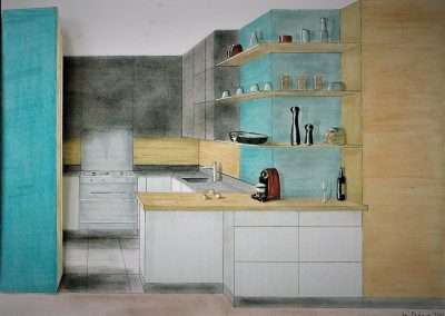 Création de cuisine pour Appartement à Lyon - Croquis de conception, avec murs vert de zinc, par In Déco, Lise Loncan, Décoratrice d'intérieur et Coloriste UFDI entre Lyon et Chambéry - 73 69
